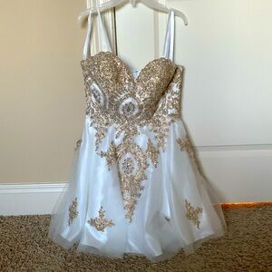 Envious Couture, white and gold dress